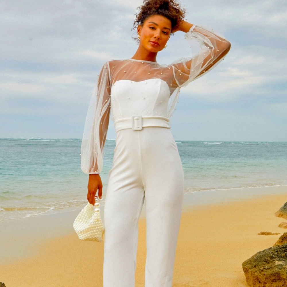 White Mesh Pearl Jumpsuit